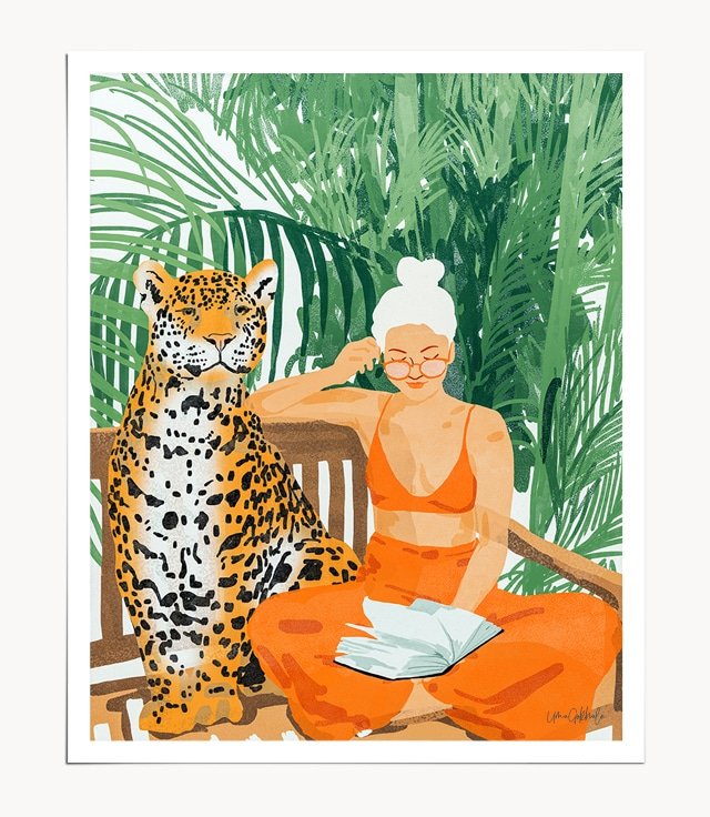 Shop Jungle Vacay Art Print, Modern Bohemian Woman of Color Reading with a Leopard, Tropical Travel Canvas Print by artist Uma Gokhale 83 Oranges unique artist-designed wall art & home décor