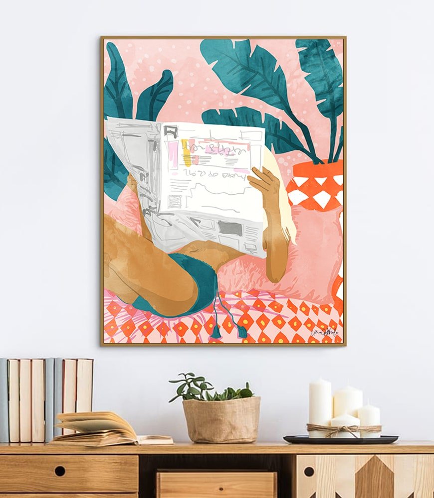 Shop Bohemian Morning News Art Print, Modern Woman of Color Reading a Newspaper Poster, Urban Tropical Weekend Canvas Print by artist Uma Gokhale 83 Oranges unique artist-designed modern boho wall art & home décor