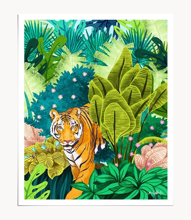 Shop Jungle Tiger, Colorful Forest Wildlife Painting, Modern Bohemian Wild Cat Illustration Art Print by artist Uma Gokhale 83 Oranges unique artist-designed wall art & home décor