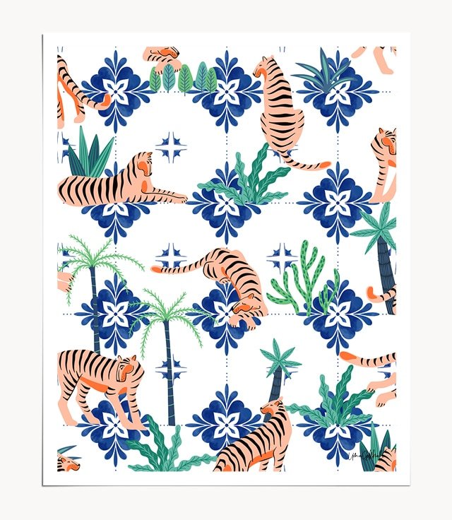 Shop the Tigers in Morocco modern boho Art Print by artist Uma Gokhale 83 Oranges unique artist-designed wall art & home décor