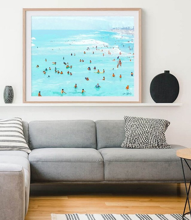 Shop Hot Summer Day Art Print, Beach Vacation Travel Painting Poster, Ocean Swimming & Surfing boho Canvas Print by artist Uma Gokhale 83 Oranges unique modern bohemian artist-designed wall art & home décor