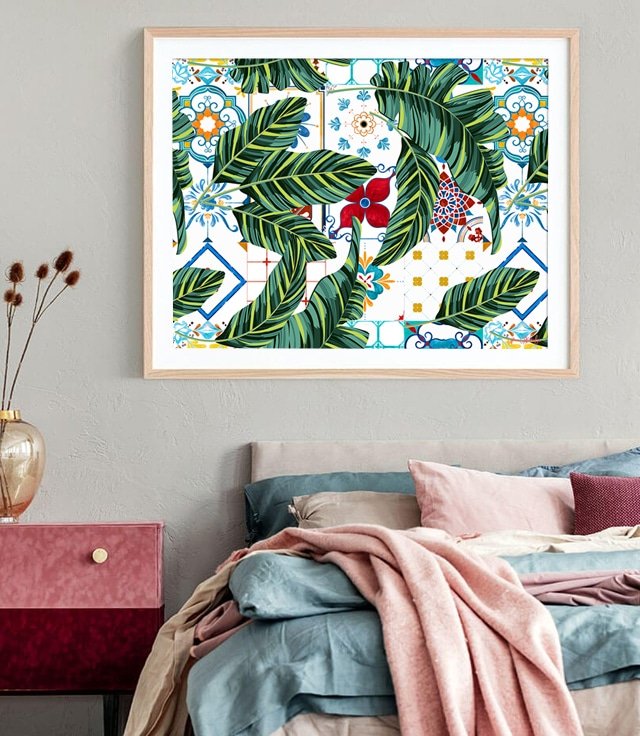 Shop Moroccan Garden summer nature modern boho botanical trendy Art Print by artist Uma Gokhale 83 Oranges unique artist-designed wall art & home décor