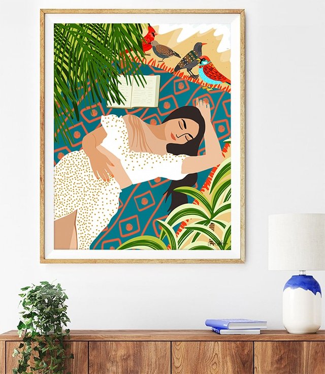 Shop Beach. read. sleep. repeat. tropical botanical modern boho illustration painting Art Print by artist Uma Gokhale 83 Oranges unique artist-designed wall art & home décor