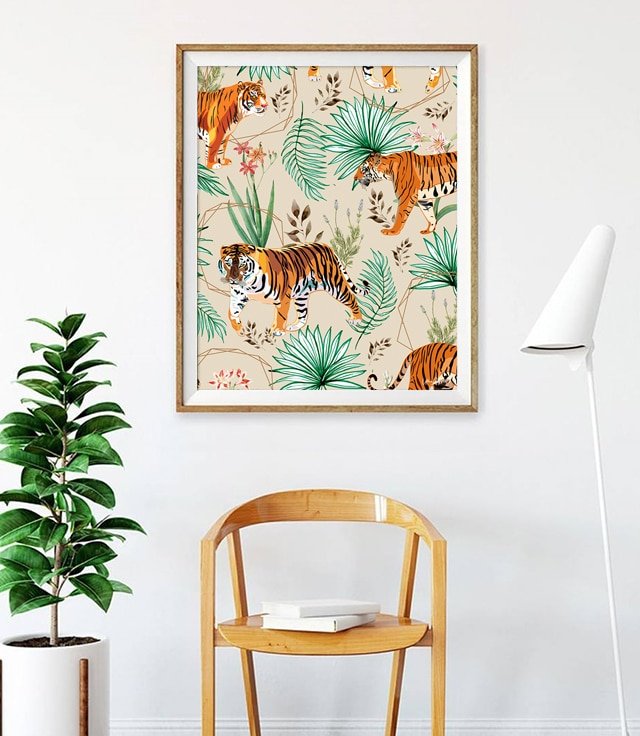 Shop Tropical & Tigers botanical tropical wildlife modern boho illustration painting Art Print by artist Uma Gokhale 83 Oranges unique artist-designed wall art & home décor