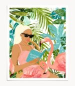 Shop How To Become a Flamingo, Tropical Nature Bohemian Woman Reading Art Print by artist Uma Gokhale 83 Oranges unique artist-designed wall art & home décor