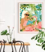Shop How To Become a Flamingo, Tropical Nature Bohemian Woman Reading Art Print by artist Uma Gokhale 83 Oranges unique artist-designed wall art & home décor