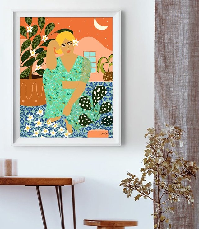 Shop Flower Collector modern boho illustration painting Art Print by artist Uma Gokhale 83 Oranges unique artist-designed wall art & home décor