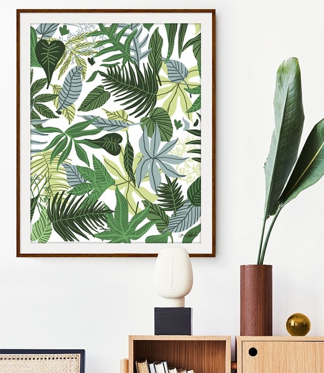 Shop In The Jungle, Nature Botanical Leaves, Tropical Palm Plants Art Print by artist Uma Gokhale 83 Oranges unique artist-designed wall art & home décor