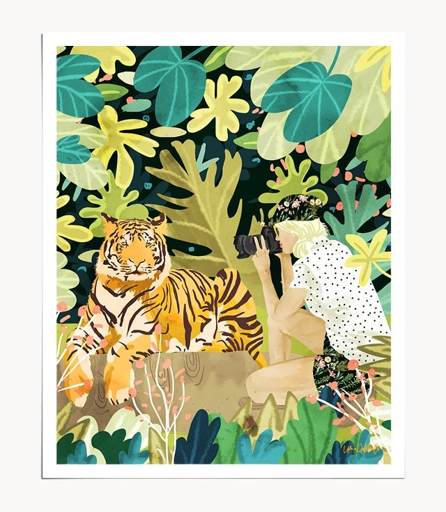 Shop Tiger Sighting, Woman Safari Travel, Wildlife Jungle Illustration Art Print by artist Uma Gokhale unique artist-designed wall art & home décor