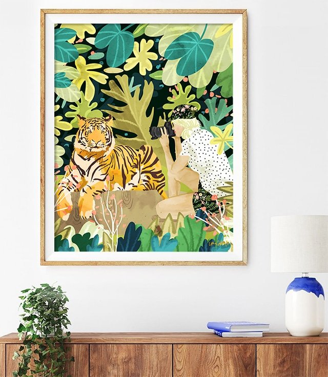 Shop Tiger Sighting, Woman Safari Travel, Wildlife Jungle Illustration Art Print by artist Uma Gokhale unique artist-designed wall art & home décor