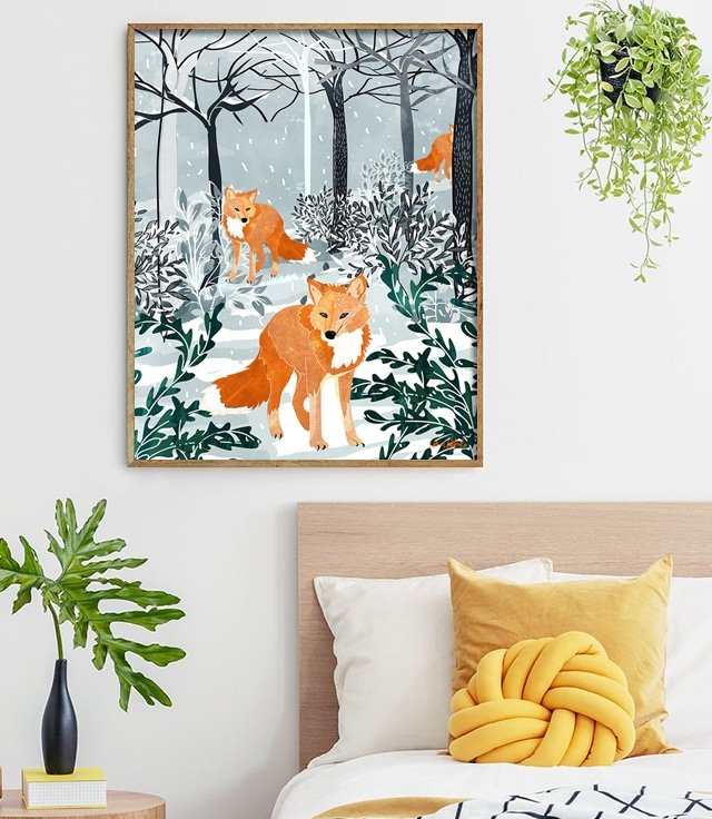 Shop Fox & Snow Art Print, Winter Wildlife Illustration, Forest Boho Animals Watercolor Painting by artist Uma Gokhale unique artist-designed wall art & home décor