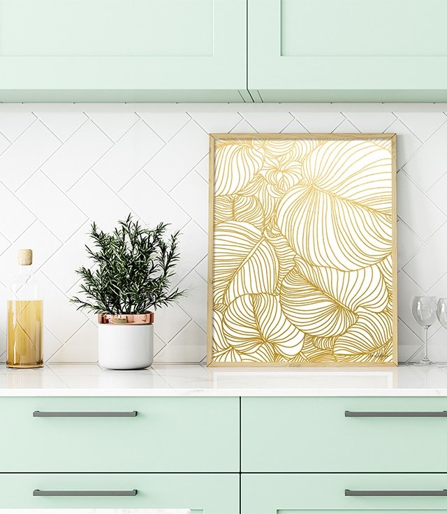 Shop Wilderness Gold, Minimal Monstera Line Art, Botanical Nature Art Print by artist Uma Gokhale 83 Oranges unique artist-designed wall art & home décor