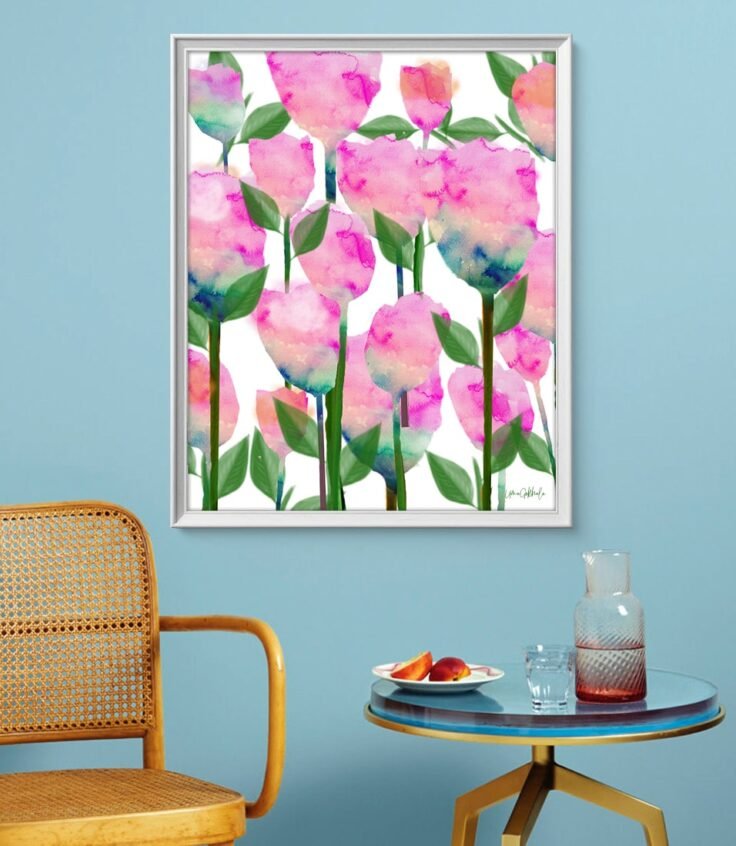 Shop Inspire, Tulips Floral Watercolor Painting, Colorful Botanical Art Print by artist Uma Gokhale 83 Oranges unique artist-designed wall art & home décor