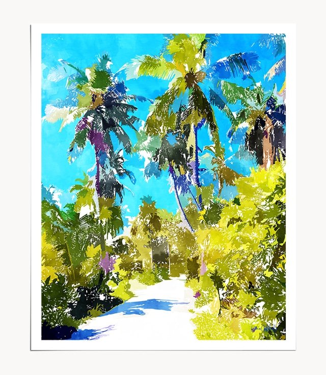 Shop Retro Coconut Palms, Tropical Digital Painting, Colorful Landscape Art Print by artist Uma Gokhale 83 Oranges unique artist-designed wall art & home décor