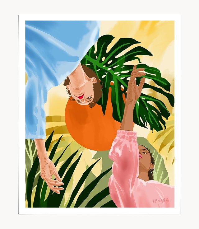 Shop Tropical Sunset, Palm & Monstera, Abstract Love Couple Graphic Art Print by artist Uma Gokhale 83 Oranges unique artist-designed wall art & home décor