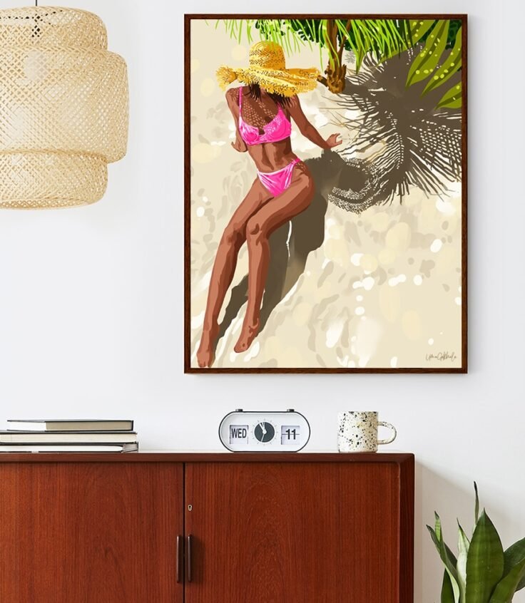 Shop Tropical Beachy Travel, Fashion Black Woman Painting Summer Art Print by artist Uma Gokhale 83 Oranges unique artist-designed wall art & home décor