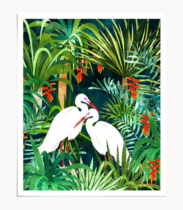 Shop Herons & Palm, Tropical Nature Wildlife Painting, Watercolor Birds Art Print by artist Uma Gokhale 83 Oranges unique artist-designed wall art & home décor