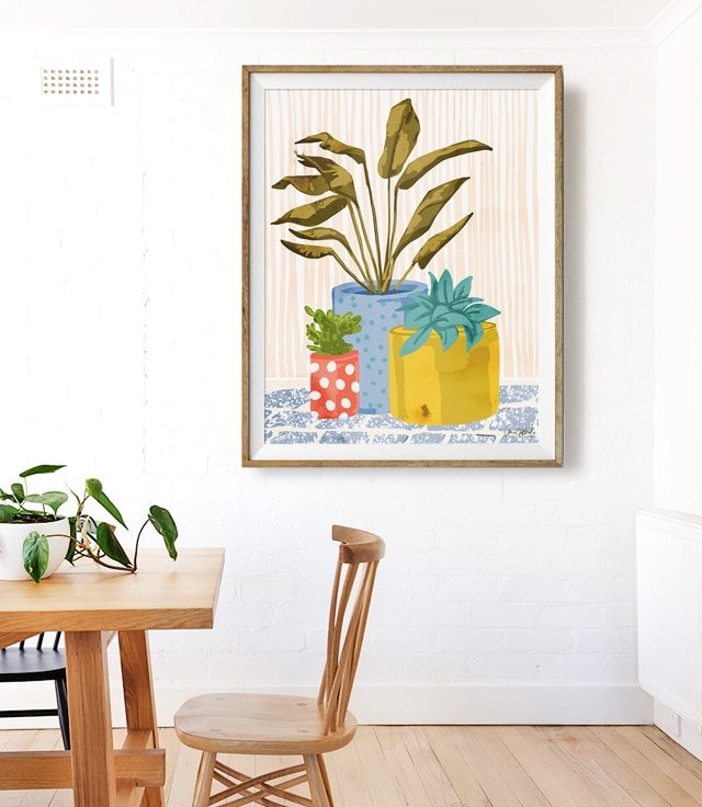 Shop Quirky Plant Pots, Nature Botanical Illustration, Colorful Art Print by artist Uma Gokhale 83 Oranges unique artist-designed wall art & home décor