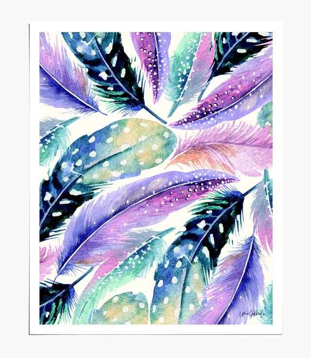 Shop Wild Feathers Art Print, Eclectic Colorful Wall Decor, 83 Oranges Whimsical Quirky Watercolor Wall Art & unique home décor