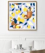 Shop Sloth Lemons Hangout, Wildlife Cute Jungle Illustration, Botanical Lemons Whimsical Art Print by artist Uma Gokhale 83 Oranges wall art & home décor