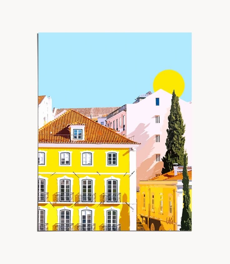 Shop Colorful Pastel Buildings, Summer Travel Architecture Illustration Art Print by artist Uma Gokhale 83 Oranges wall art home decor