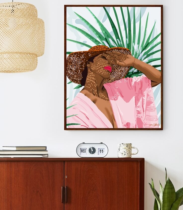 Shop Sunshine in My Soul, Woman Tropical Travel, Palm Bohemian Fashion Art Print by artist Uma Gokhale 83 Oranges unique wall art & home décor