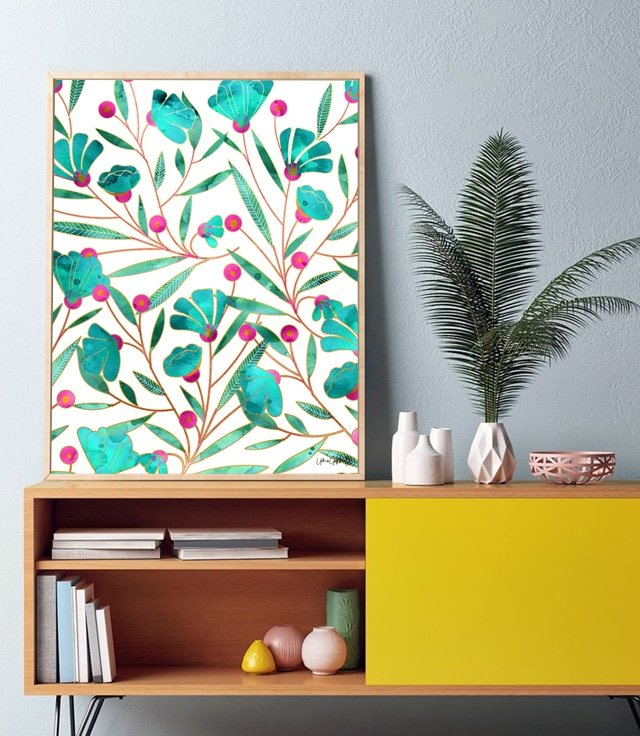 Shop Turquoise Floral, Botanical Colorful Watercolor Painting Art Print by artist Uma Gokhale 83 Oranges artist-designed unique wall art & home décor