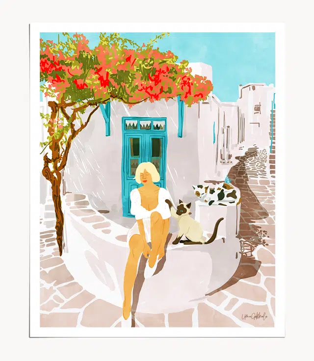 Shop Greek Vacay, Bohemian Woman Greece, Architecture Cats Illustration Art Print by artist Uma Gokhale 83 Oranges unique artist-designed wall art & home décor