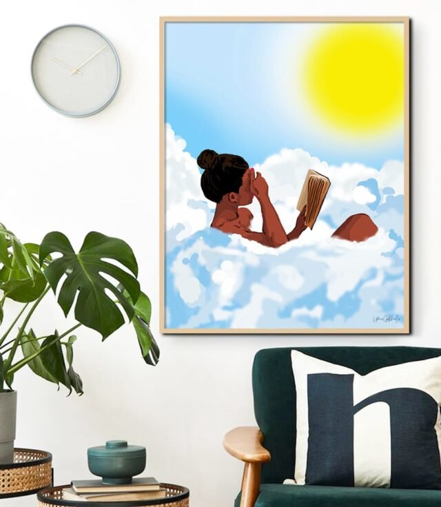 Shop Reading on Clouds, Black Woman Summer Sunny Day Book Painting, Bohemian Nude, Bohemian Woman Boho Art Print by artist Uma Gokhale 83 Oranges unique artist-designed wall art & home décor