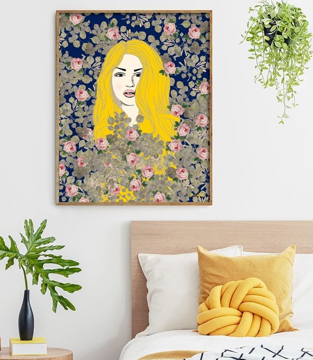 Shop Jene, Bohemian Woman, Rose Garden Portrait, Vintage Painting Art Print by artist Uma Gokhale 83 Oranges unique artist-designed wall art & home décor