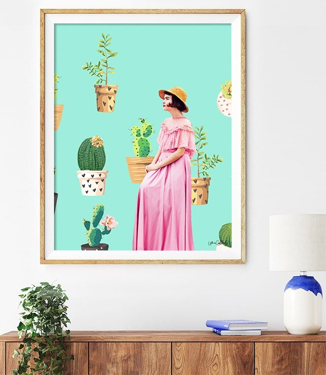 Shop Lady Love, Vintage Bohemian Woman Fashion, Graphic Cactus Art Print by artist Uma Gokhale 83 Oranges unique artist-designed wall art & home décor