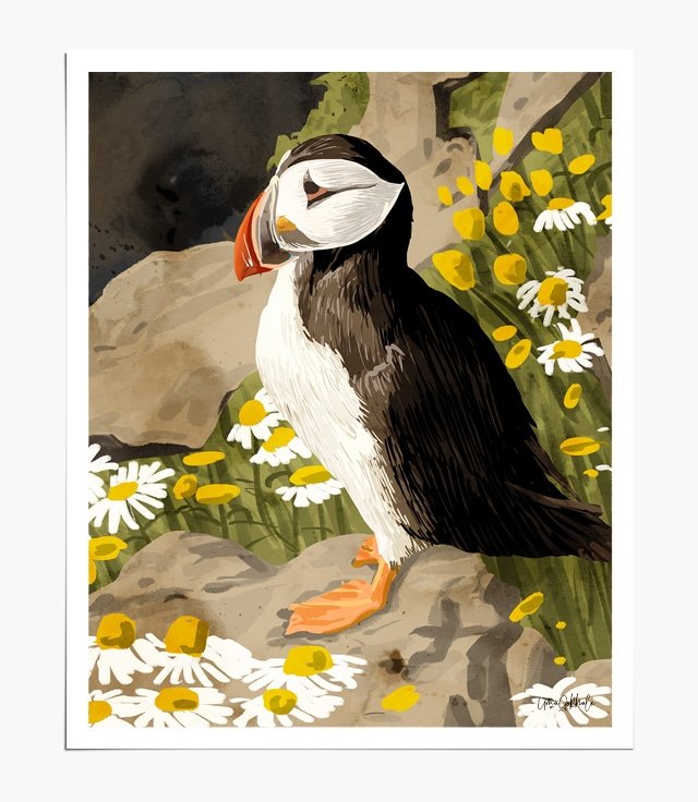 Shop Puffin, Jungle Wildlife Bird, Forest Nature Illustration Painting Art Print by artist Uma Gokhale 83 Oranges unique artist-designed wall art & home décor