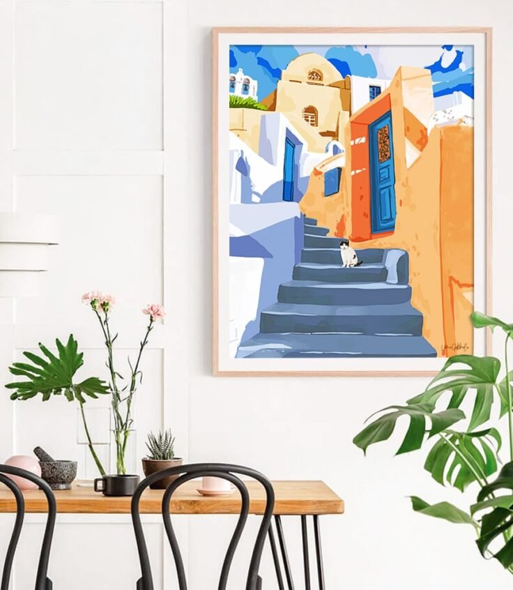 Shop Cat in Greece, Santorini Travel Architecture Tropical Building Painting Art Print by artist Uma Gokhale 83 Oranges unique artist-designed wall art & home décor