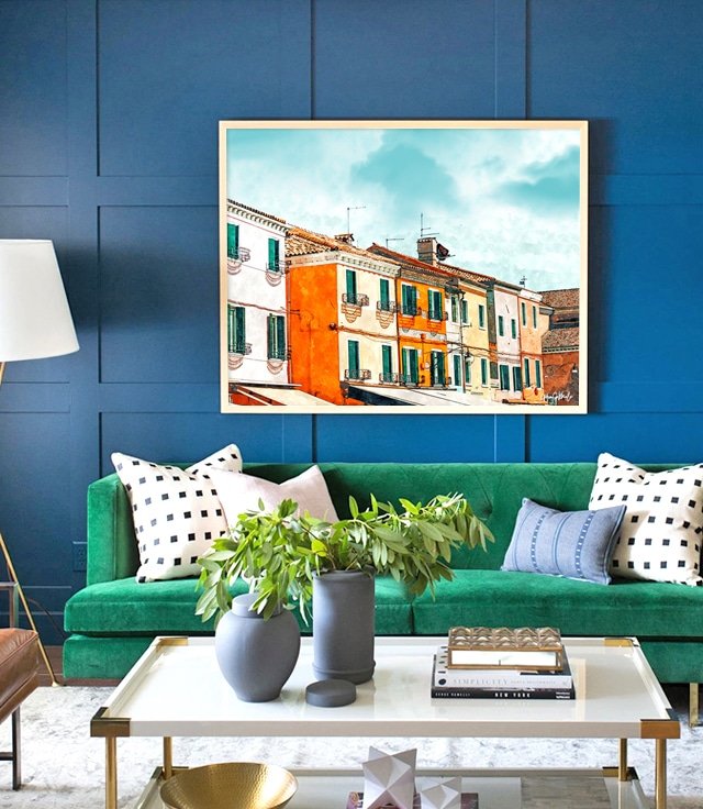 Shop Burano Island, Travel Architecture Watercolor Painting, Eclectic Art Print by artist Uma Gokhale 83 Oranges unique artist-designed wall art & home décor