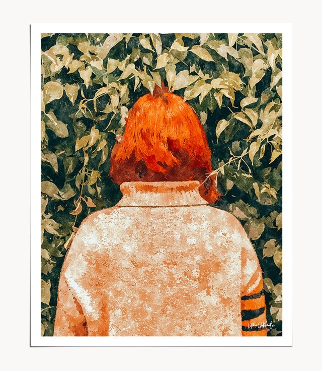 Shop Surprise Visit, Eclectic Red Head Woman, bohemian Portrait Painting Art Print by artist Uma Gokhale 83 Oranges unique artist-designed wall art & home décor