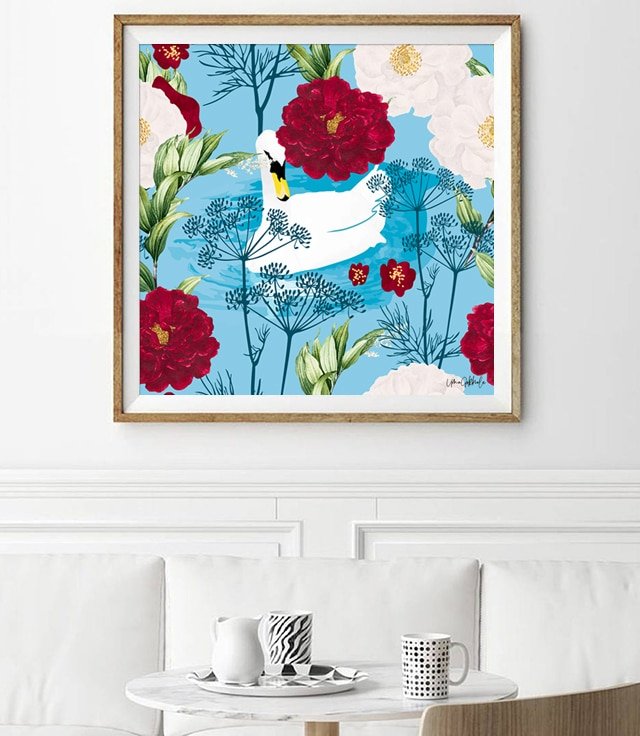 Shop Swan Pond, Colorful Eclectic Bohemian Painting, Birds Nature Art Print by artist Uma Gokhale 83 Oranges unique artist-designed wall art & home décor