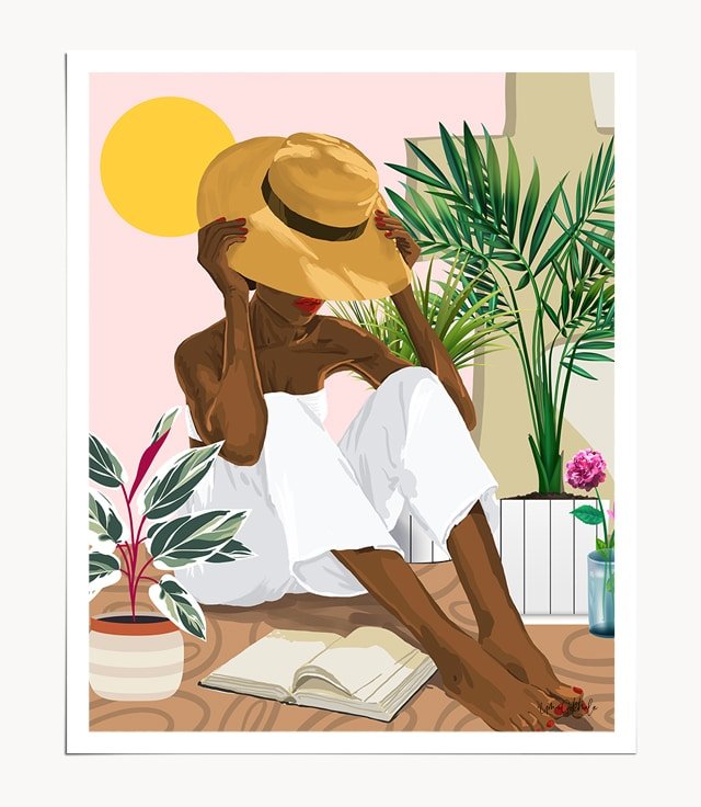 Shop Summer Reading, Black Bohemian Woman Travel, Plant Lady Tropical Fashion Eclectic Palm Pastel Art Print by artist Uma Gokhale 83 Oranges unique artist-designed wall art & home décor