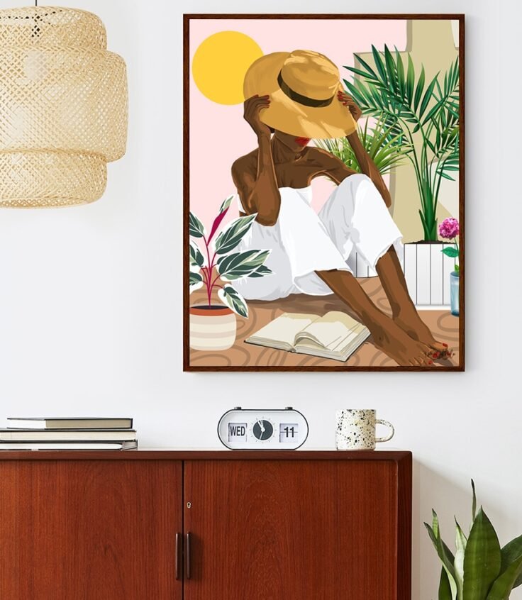 Shop Summer Reading, Black Bohemian Woman Travel, Plant Lady Tropical Fashion Eclectic Palm Pastel Art Print by artist Uma Gokhale 83 Oranges unique artist-designed wall art & home décor