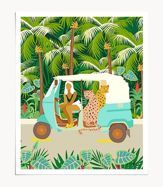 Shop Rikshaw Ride With Javan Leopards In Bali Art Print by artist Uma Gokhale 83 Oranges unique artist-designed wall art & home décor