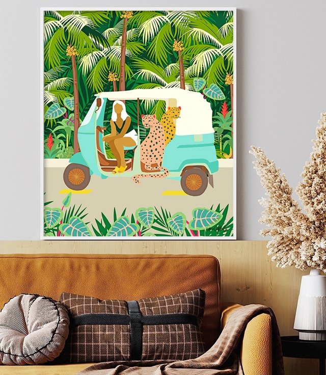 Shop Rikshaw Ride With Javan Leopards In Bali Art Print by artist Uma Gokhale 83 Oranges unique artist-designed wall art & home décor