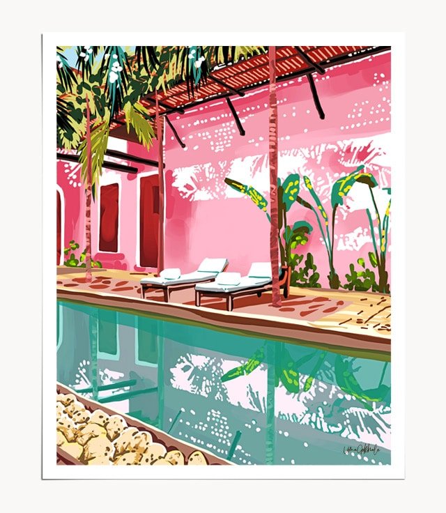 Shop Vacay Villa Art Print, Pink Blush Bohemian Tropical Architecture Wall Art, Buildings & Travel Canvas Print by artist Uma Gokhale 83 Oranges artist-designed unique wall art & home décor