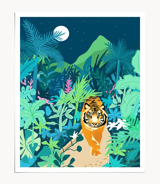 Shop Tiger Walk, Bohemian Jungle Maximalist Nature, Botanical Forest Plants Moon Wild Animals Art Print by artist Uma Gokhale 83 Oranges artist-designed unique wall art & home décor