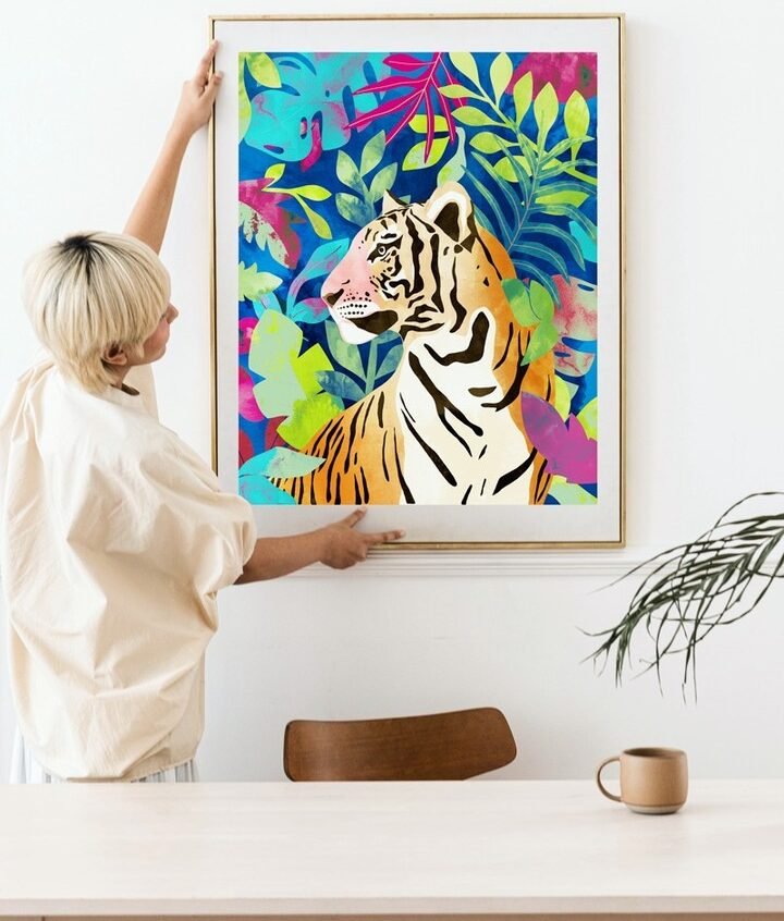 Shop Tropical Tiger, Animal Jungle Watercolor Painting, Nature Travel Wild Botanical Art Print by artist Uma Gokhale 83 Oranges artist-designed unique wall art & home décor