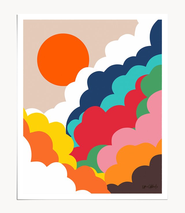 Shop Head in The Clouds, Positivity Nature Sunrise Sunset, Sky Bohemian Comic Retro Eclectic Illustration Art Print Print by artist Uma Gokhale 83 Oranges artist-designed unique wall art & home décor