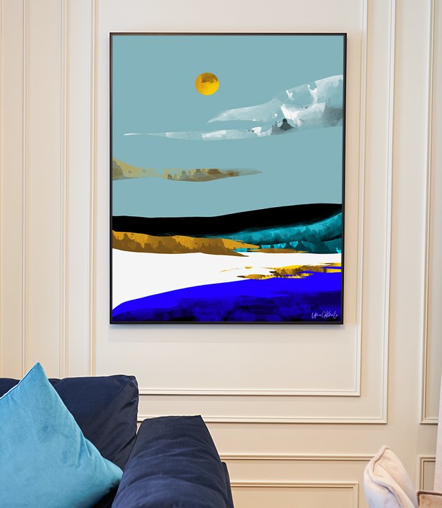 Shop Duality & Intention, Abstract Nature Landscape Adventure Painting, Travel Mountains Sun Sky Scandinavian Clouds Art Print by artist Uma Gokhale 83 Oranges artist-designed unique wall art & home décor