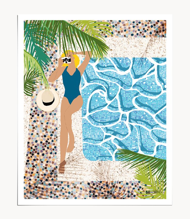 Shop Click, Summer Travel Poolside Swim, Moroccan Tiles Staycation Vacation Holiday, Bohemian Woman Swimsuit Fashion Pose Art Print by artist Uma Gokhale 83 Oranges artist-designed unique wall art & home décor