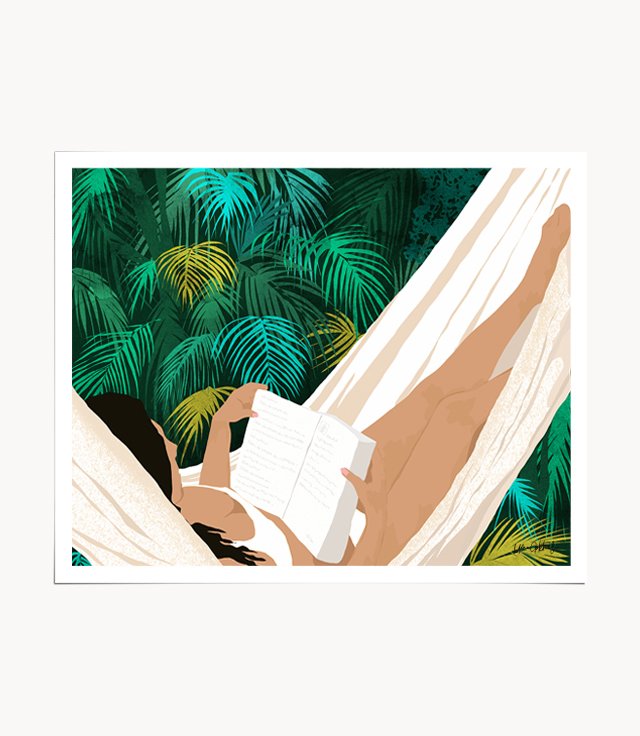 Shop Summer Hammock Reading, Tropical Jungle Travel, Watercolor Nature Bohemian Forest Plants, Palm Beach Art Print by artist Uma Gokhale 83 Oranges artist-designed unique wall art & home décor