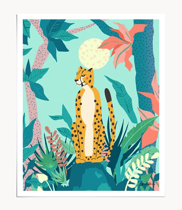 Shop Leopard Forest, Pastel Tropical Jungle Nature Botanical, Moon Eclectic Colorful Wild Animals Boho Art Print by artist Uma Gokhale 83 Oranges artist-designed unique wall art & home décor