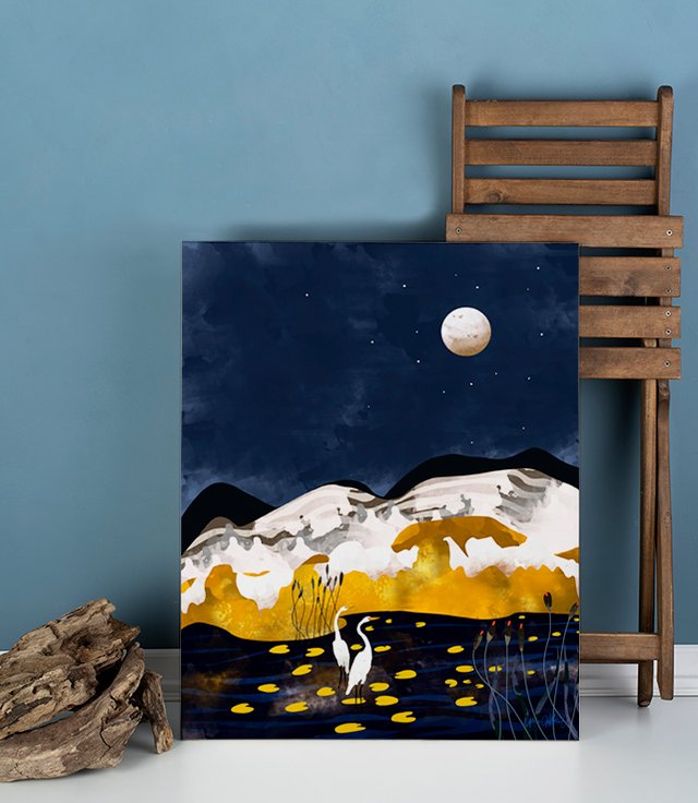 Shop Midnight Lake, Stork Wildlife Animals Abstract Painting, Nature Landscape Travel Adventure Full Moon Night, Eclectic Gold Birds Magical Bohemian Art Print by artist Uma Gokhale 83 Oranges artist-designed unique wall art & home décor