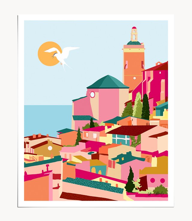 Shop Crimson Rouge, Colorful Architecture Buildings, Greece Cityscape Skyline, Seagull Travel Summer Eclectic Bohemian Pop of Color Positivity Art Print by artist Uma Gokhale 83 Oranges artist-designed unique wall art & home décor